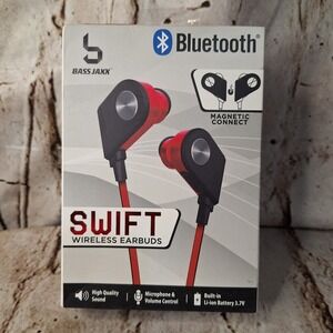 Bass Jaxx Swift Wireless Earbuds Bluetooth 5.0 Magnetic Connect Red‎ Black NEW